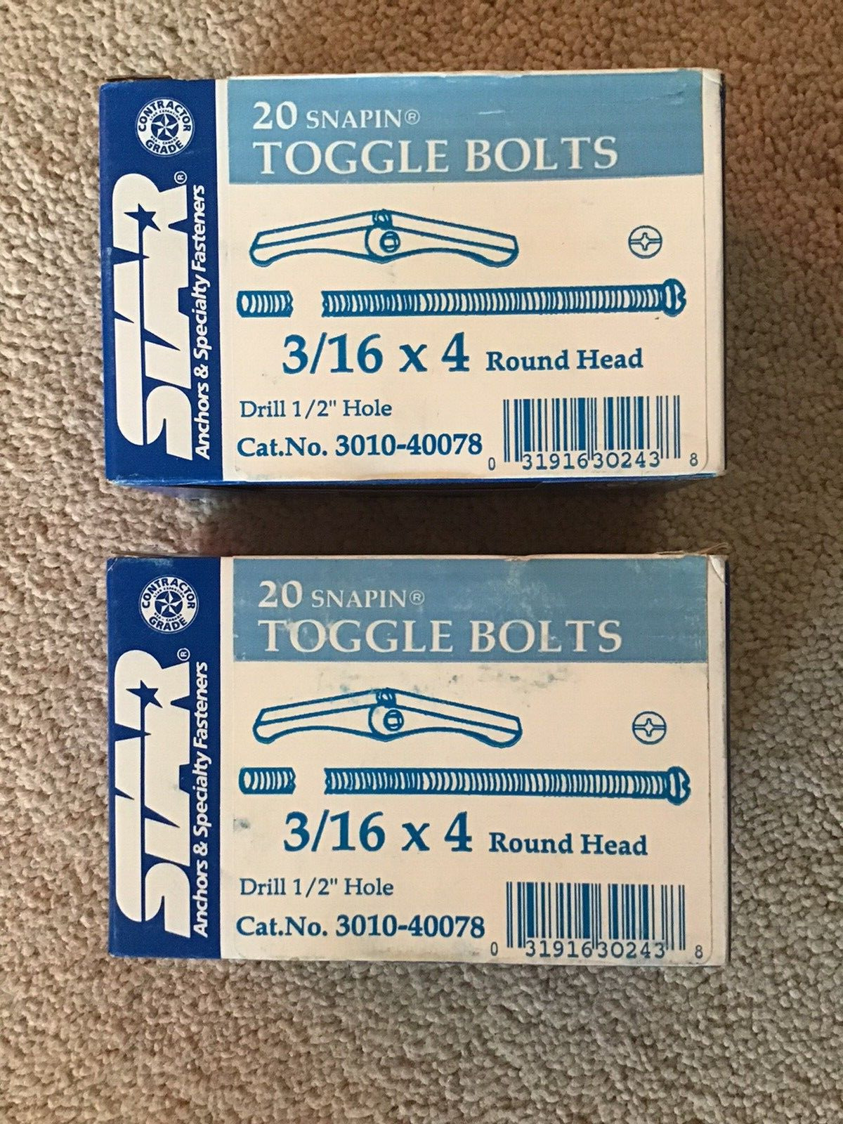 Lot Of 2 New In Sealed Box Star Snapin Toggle Bolts 3/16" X 4" Round Head 20/box